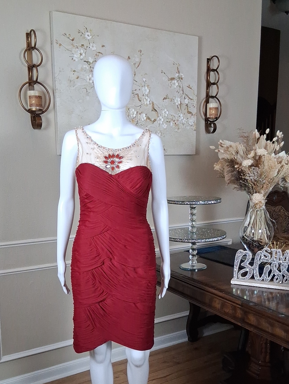 Adrianna Papell Deep Red Beaded Illusion Neck Cocktail Pleated Dress Medium - Picture 8 of 16